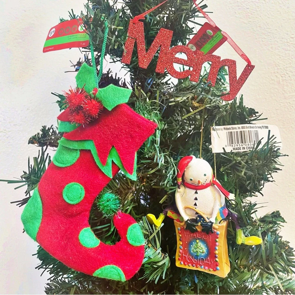 Lot of 3 Christmas Holiday Tree Ornaments Snowman, Stocking, Merry NWT